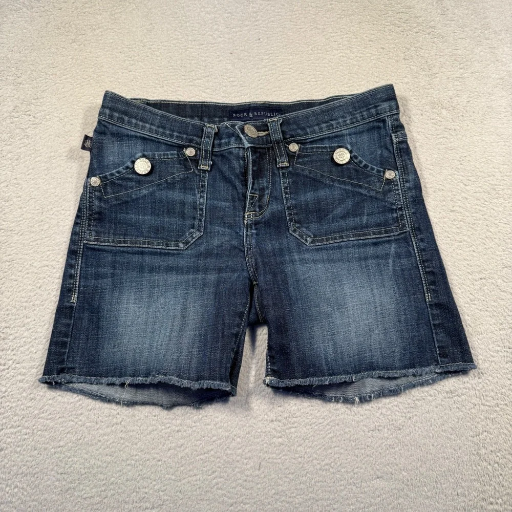 Y2K Rock & Republic Low Rise‎ Denim Jean Shorts Womens 2 Dark Wash Frayed Hem